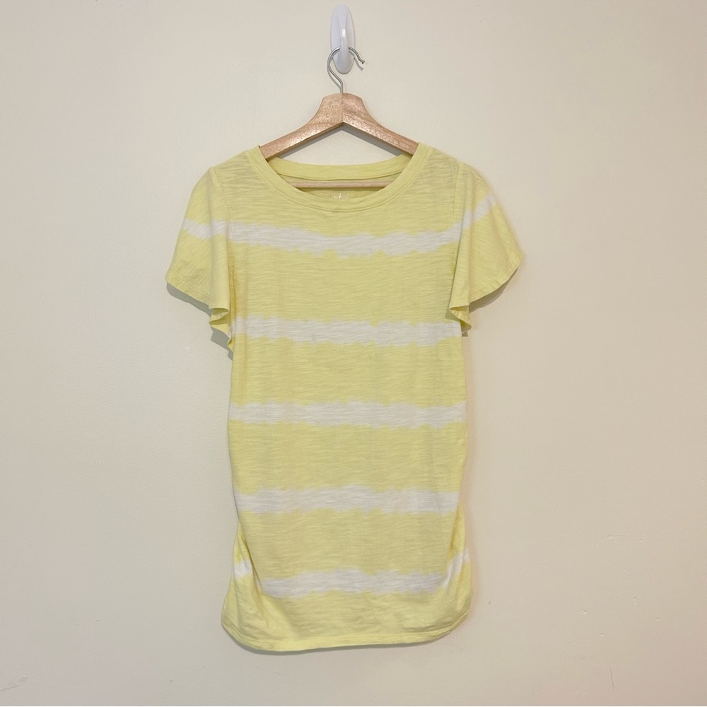 Isabel Maternity Yellow & White Stripe Tie Dye Flutter Sleeve Ruched Tee…